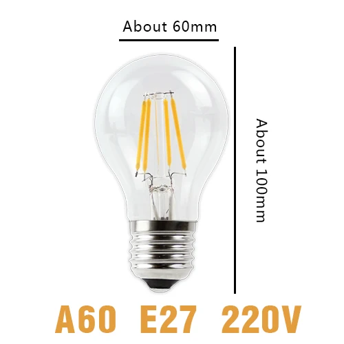 Светодиодный светильник-свеча в винтажном стиле, лампа накаливания E14 E27, светодиодный светильник Эдисона в форме шара, 220 В, стекло, 2 Вт, 4 Вт, 6 Вт, 8 Вт, сменная лампа накаливания с регулируемой яркостью - Испускаемый цвет: A60 Bulb E27 220V