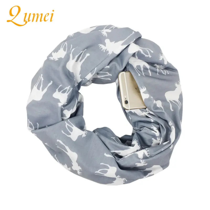 

2PCS Xmas Unisex Winter Moose Pocket Women Scarf Printed Zipper Pocket Neck Portable Mobile Phone Pocket Design Shawl Scarves