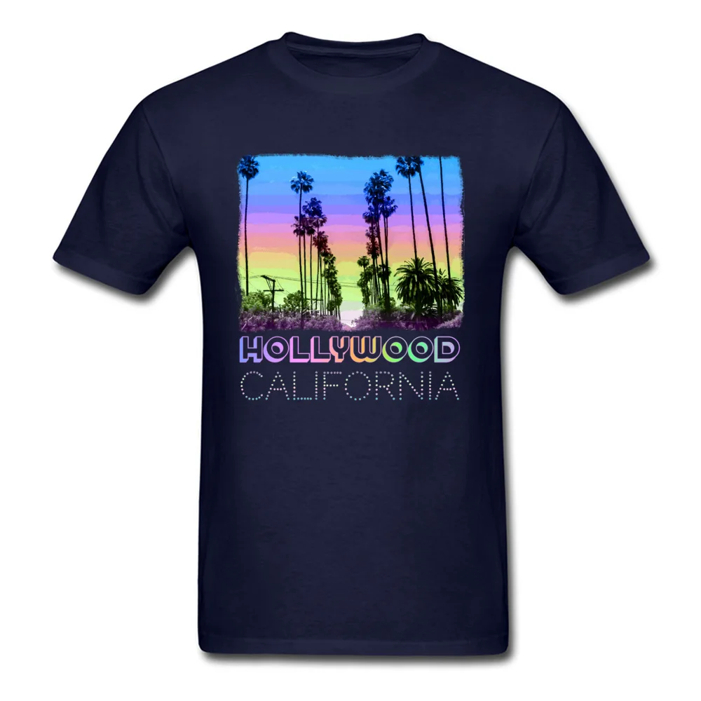 Printing Pure Cotton Tshirts for Men Short Sleeve Printed T Shirt Designer April FOOL DAY O-Neck T Shirt Design Hollywood California Palm Trees Fun Neon Retro Design navy