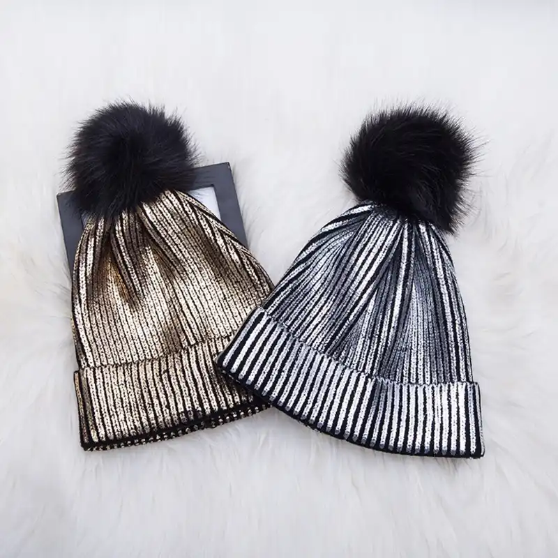 Metallic pom pom hat Clearance