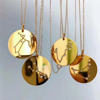 

Horoscope Astrology Zodiac Statement Necklace For Women Gothic Jewelry Gold 12 Constellations Necklace Round Charm Choker Gift