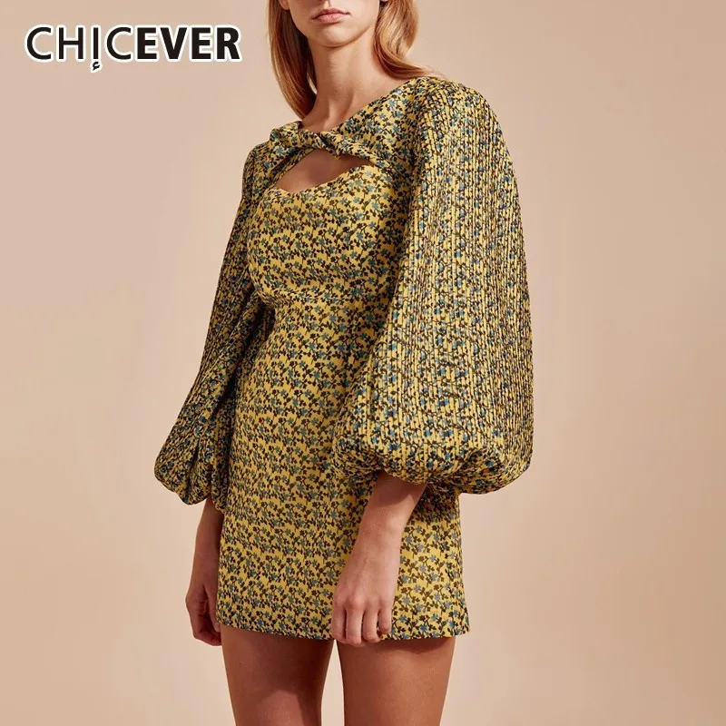 

CHICEVER 2019 Autumn Hollow Out The Dress Women O Neck Lantern Sleeve High Waist Floral A Line Dresses Female Fashion New Korean