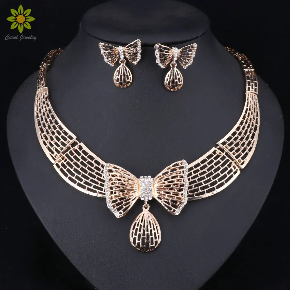 Fashion Luxury Gold Color Bow Knot Jewelry Sets Crystal Hollow Collare