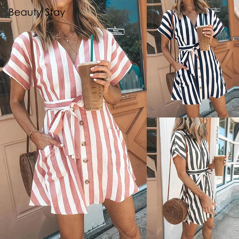 

Beauty Stay Women Casual Sashes Striped Party Dress V-neck Short Sleeve Above Knee Summer Beach Women Outside Dresses