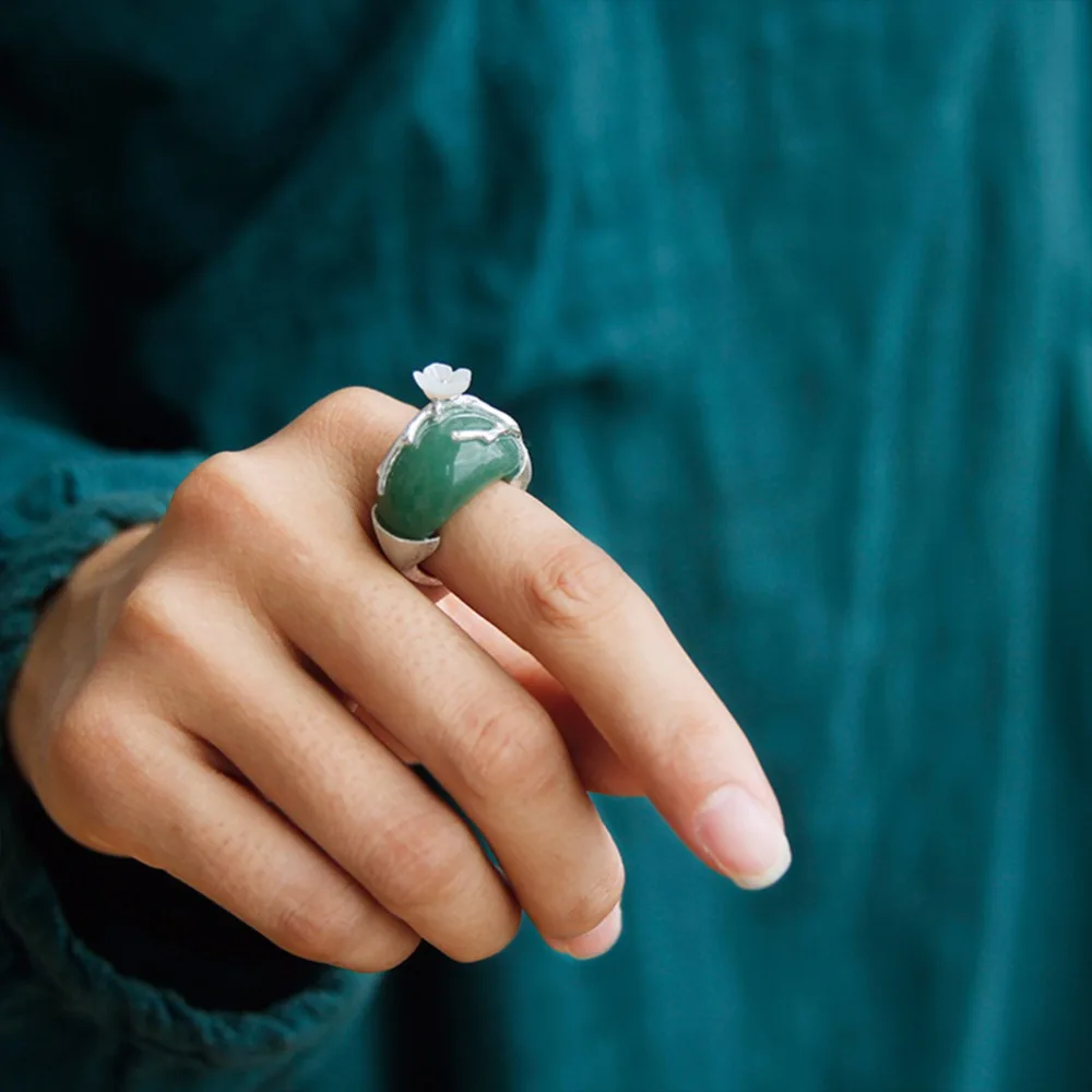 

Lotus Fun Real 925 Sterling Silver Natural Pink Green Stones Original Handmade Design Fine Jewelry Plum Flower Rings for Women