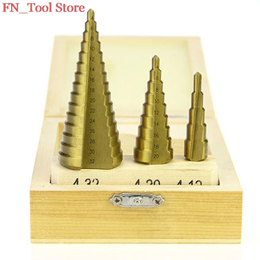 

3 pcs. / Set. Step Steel Cone HSS spiral groove to Step hole drill tool Cutter Cut 4-12/20/32 mm from the wooden box Bit suit