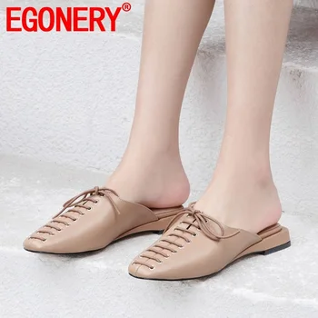 

EGONERY woman shoes summer new concise casual genuine leather woman slipper outside comfortable square toe cross-tied lady shoes