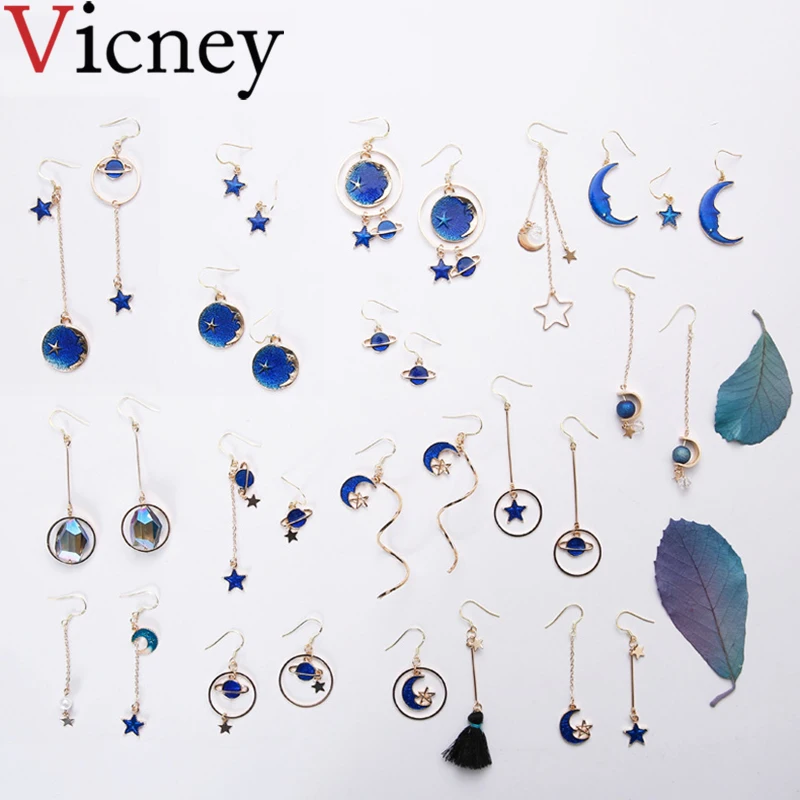 Vicney 2019 новые синие космические серьги капельки planet асимметричные гвоздики для