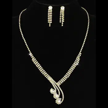 

Bridal Wedding Party Quality Crystal Gold Color Metal Necklace Earrings Set CS1071
