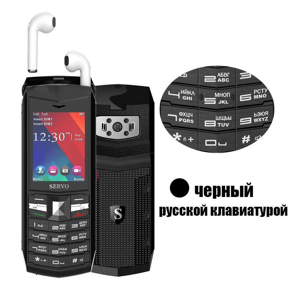 Black Russian button SERVO R26, 2,4 дюймов, две sim-карты, 3000 мА/ч, Дополнительный внешний аккумулятор, мобильный телефон с Bluetooth 5,0 TWS, беспроводные наушники, GSM мобильный телефон - Цвет: Black Russian button