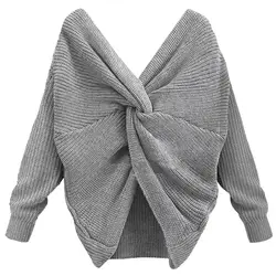 Для женщин V шеи назад свитер со жгутами женский осень-зима с длинным рукавом вязаные свитера пуловеры femme