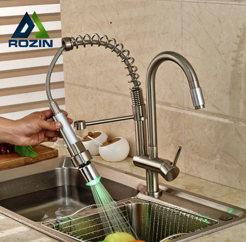 

Brushed Nickel LED Color Changing Spray Kitchen Faucet Swivel Spout Spring Sink Mixer Tap