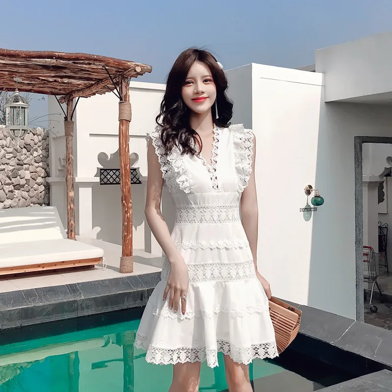

2019 Women Dress New Fashion Summer Elegant Slim Casual Beach Party Runway Sexy Mini Lace Hollow Out A-line white Dresses