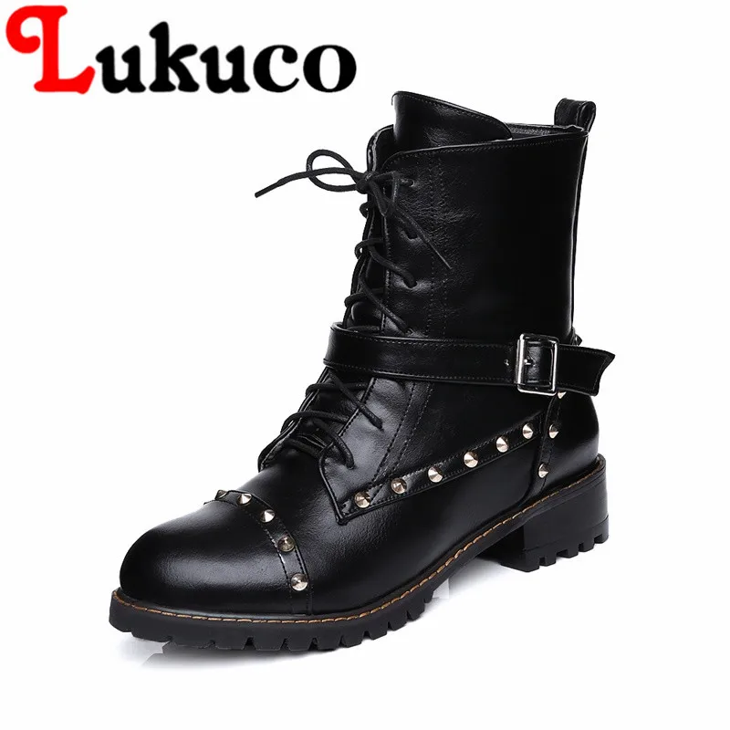 

Lukuco spring/autumn mid-calf boots 40 41 42 43 44 45 46 47 zipper shoes high quality PU made with buckle and rivets design