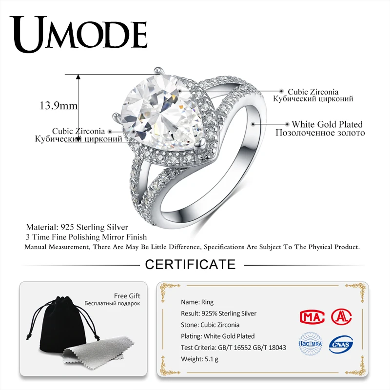 UMODE Роскошная Капля воды фианит камни обручальное кольцо для женщин 925 пробы серебряные обручальные ювелирные изделия Bague Bijoux Femme ULR0511