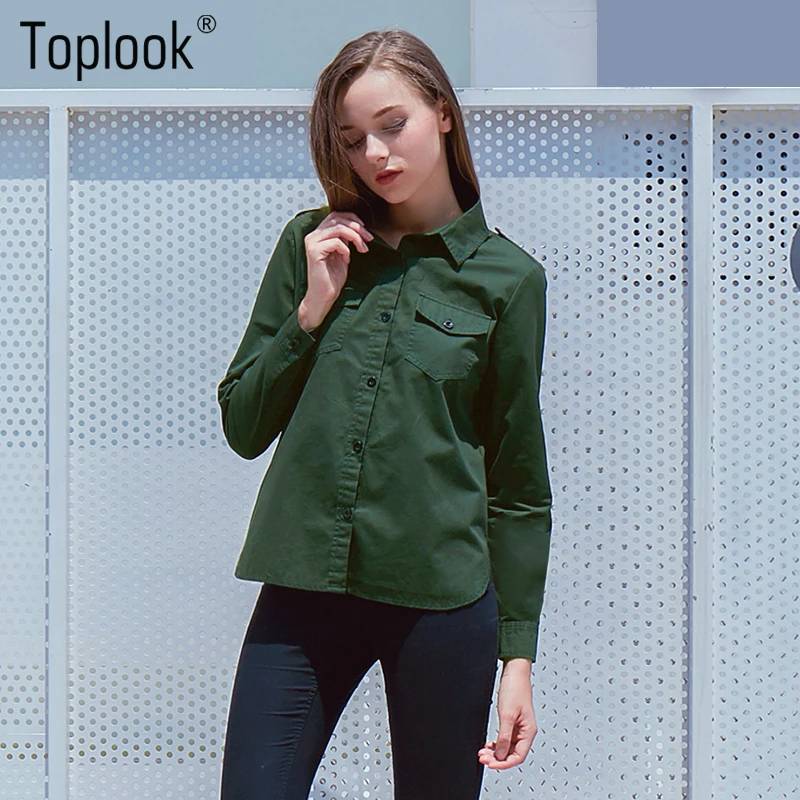 Toplook Pocket Jacket Blouses Women 2017 Autumn Winter Dark Green Long