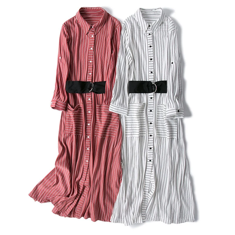 Vertical Striped Shirt Dresses Women Fashion British style Dress Turn