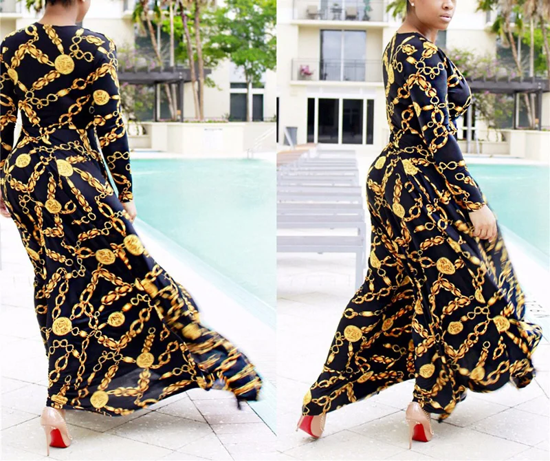 Kostlich 2016 Autumn Women Dress Sexy Metal Chain Print Women Long Sleeve Dresses Bodycon Evening Nightclub Ladies Dresses (1)