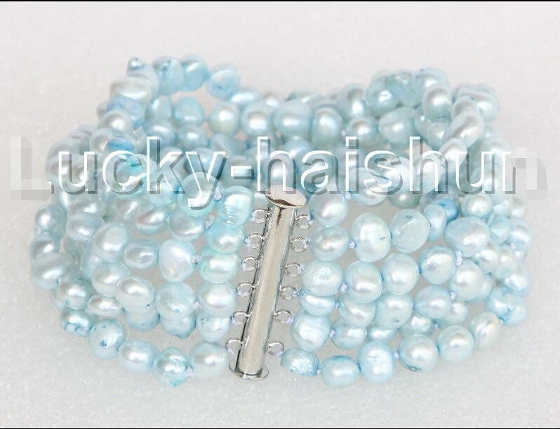 

8" 8mm 6row Baroque light blue pearls bracelet magnet clasp j11120@^Noble style Natural Fine jewe SHIPPING new >>free shipping