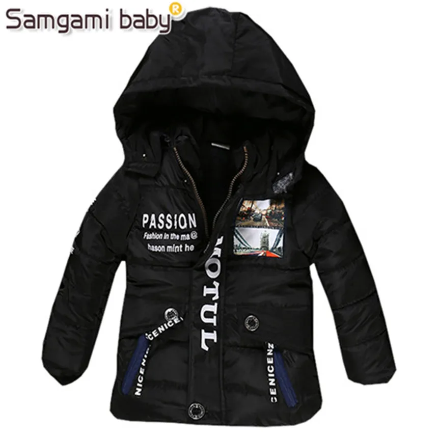 Samgami Baby 3-7Year пальто для мальчиков и куртки розничная, зимнее пальто с капюшоном из толстого хлопка зимняя верхняя одежда для мальчиков с принтом букв 3 цвета