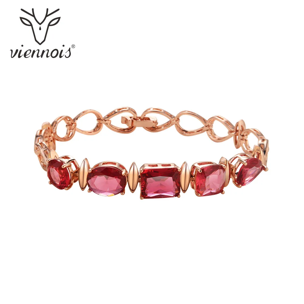 Viennois Rose Gold Color Chain Link Bracelets for Women Red/Blue Geometric Crystal Wedding Bracelet & Bangles