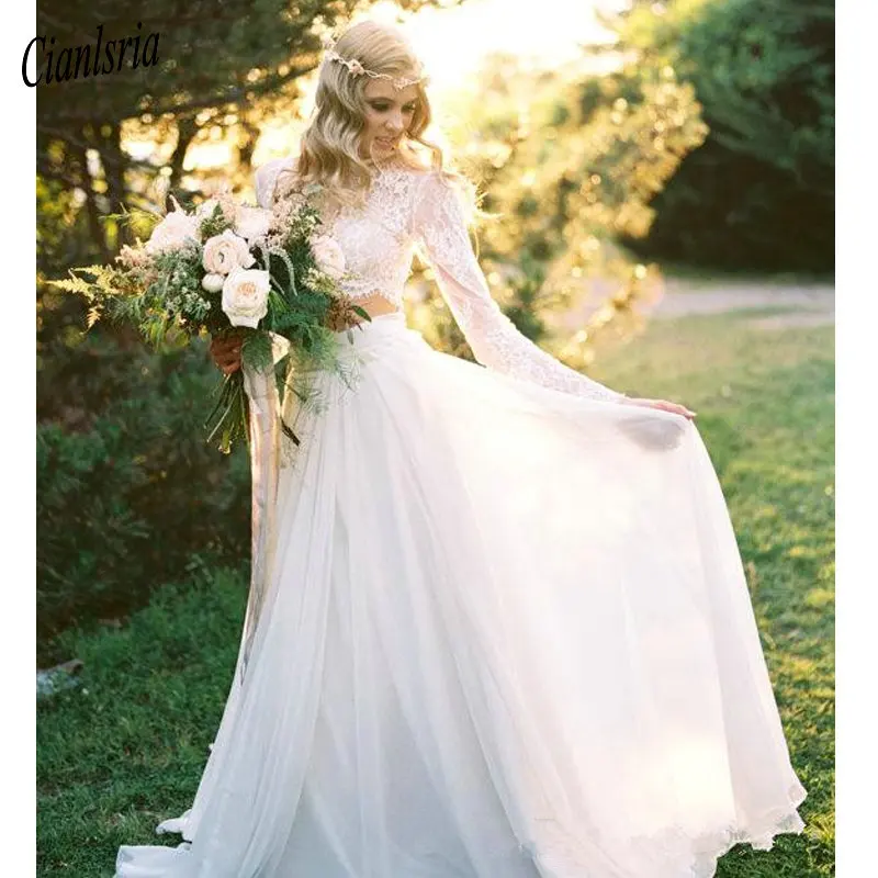 

2019 Romantic Two Pieces Bohemian Wedding Dress Long Sleeves Lace Crop Top Chiffon Beach Country Wedding Gown vestidos de noiva
