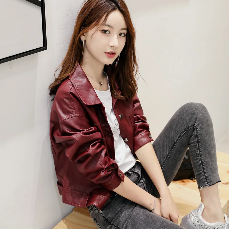 

New Elegant Autumn and Winter Button Basic PU Leather Jacket Coat Motorcycle Jacket Female Jacket Slim Short Winter Jacket