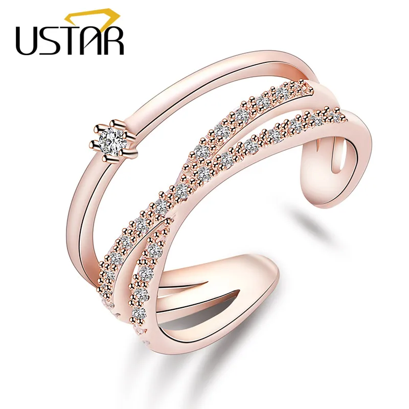 

USTAR Double layer Geometric wedding Rings for women Crystals finger midi Engagement rings Jewelry Opening adjustable size gifts