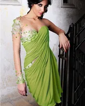 Grüne Langarm Cocktailkleider Chiffon Schatz Falte Schatz Coctail Kleid mit Perlen