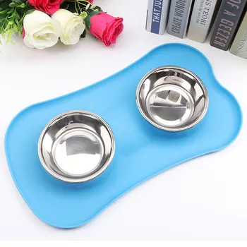 

Double Practical Dog Bowls Stainless Steel Water and Food Feeder Anti slip Silicone Mat for Pets Puppy Small Medi