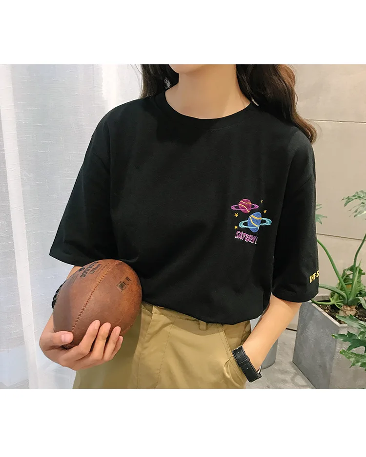2018 Halajuku Cotton Planet Printed Letter Embroidered Loose Causal Short Sleeve Female T-shirts