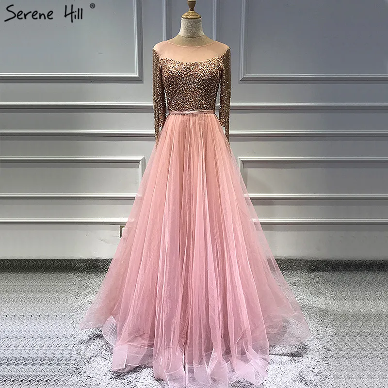 

Rose Gold O-Neck Sequined Prom Dresses 2019 A-Line Latest Design Sexy Sparkle Prom Gowns Serene Hill BLA60976