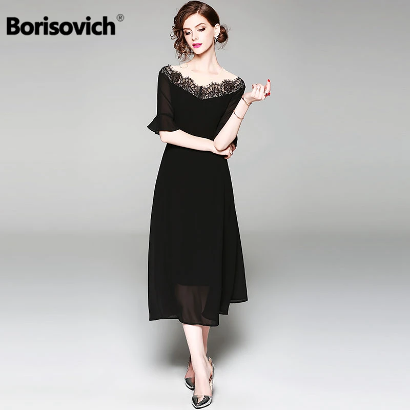 

Borisovich Women Chiffon Long Dress New 2018 Summer Fashion England Style Lace V-neck Elegant Ladies Evening Party Dresses M505