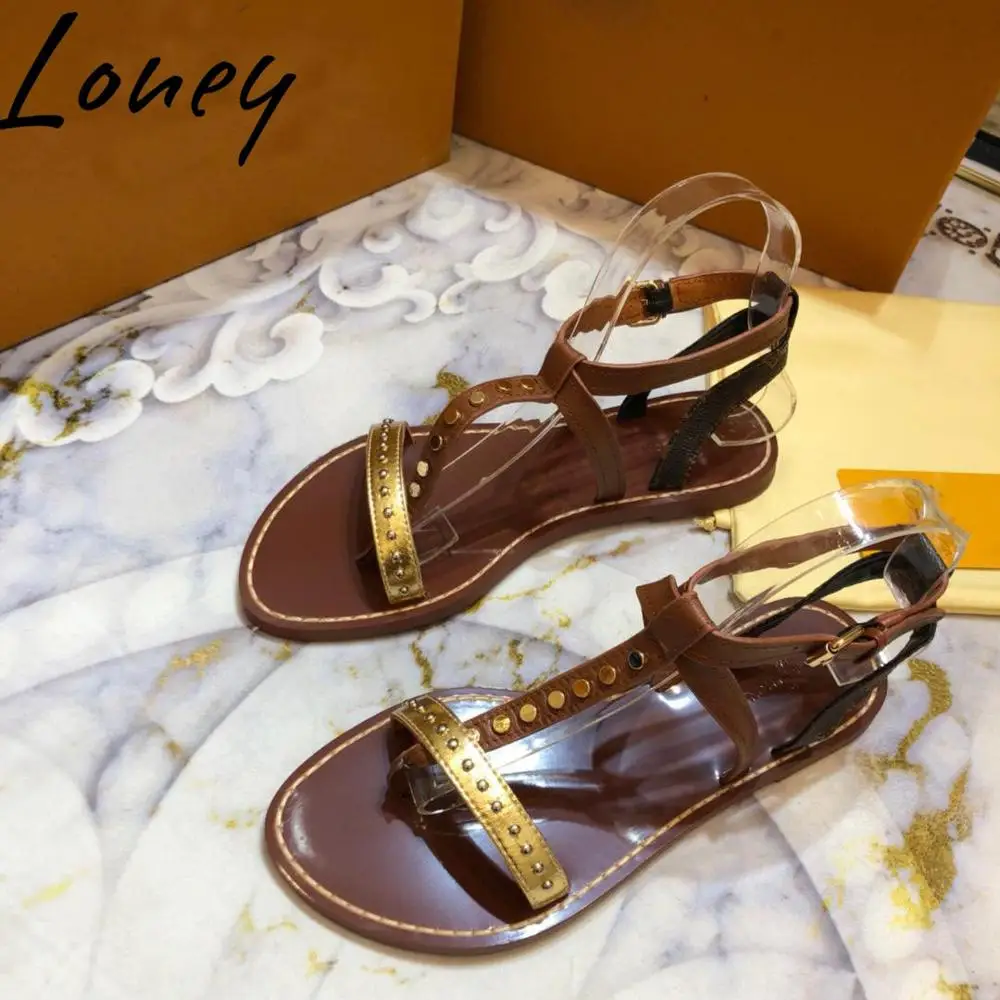 

Loney New Genuine Leather Metal Studded Summer Sandals Open Toe Khaki Buckle Strap Flats Sandals Shoes Women