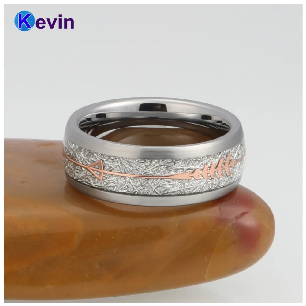 Online Silber Hochzeit Bands Silber Ring Wolfram Hartmetall Ring Mit Rose Gold Stahl Pfeil Und Weiß Meteorit Inlay Neuheiten