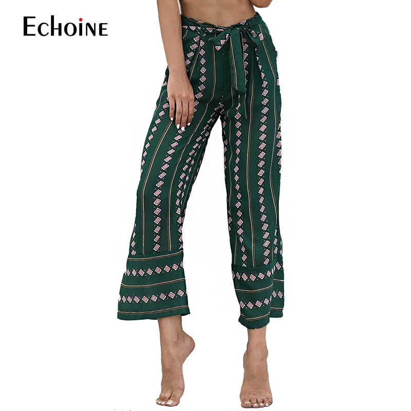 

2019 Summer Casual Fashion high Wide Leg lace up pants waist loose nine points leisure broad-legged straight-legged trousers