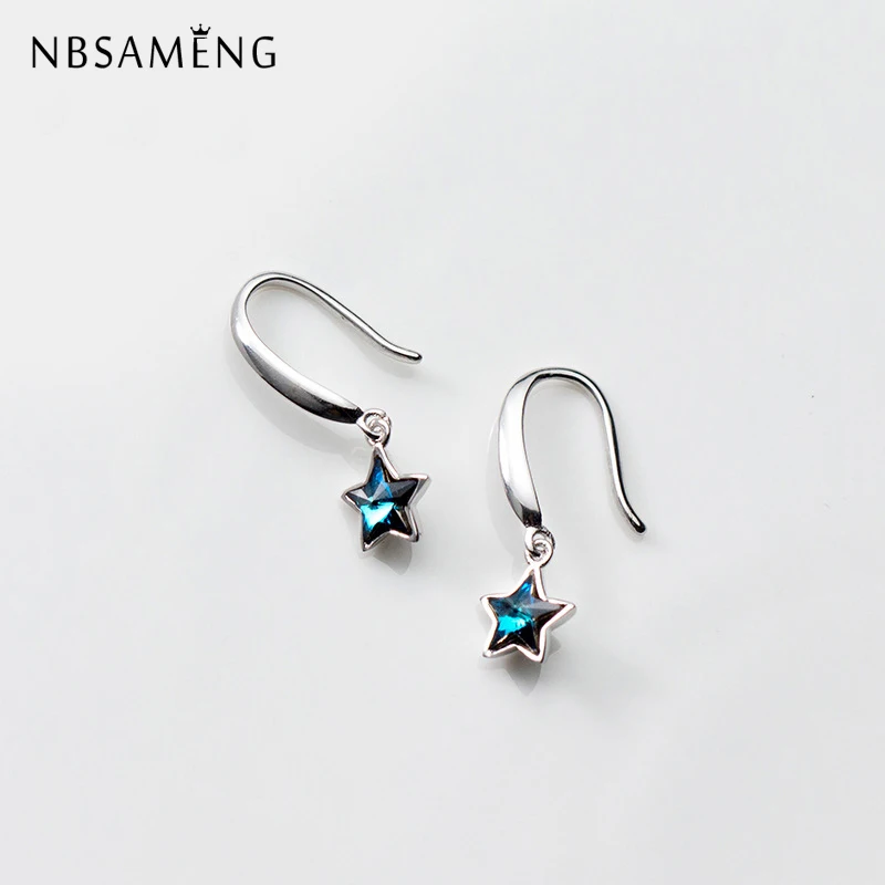 

NBSAMENG 100% 925 Sterling Silver Blue Crystal Star Drop Earrings For Women Girls jewelry Prevent allergy