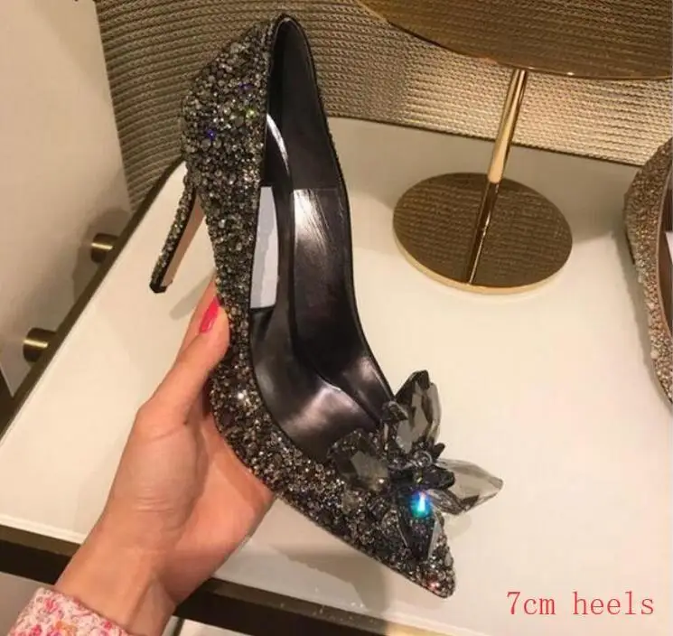 

Small Size 32 to 41 bride wedding shoes woman glitter crystal pointed toe stiletto high heels Cinderella party pumps dress shoes