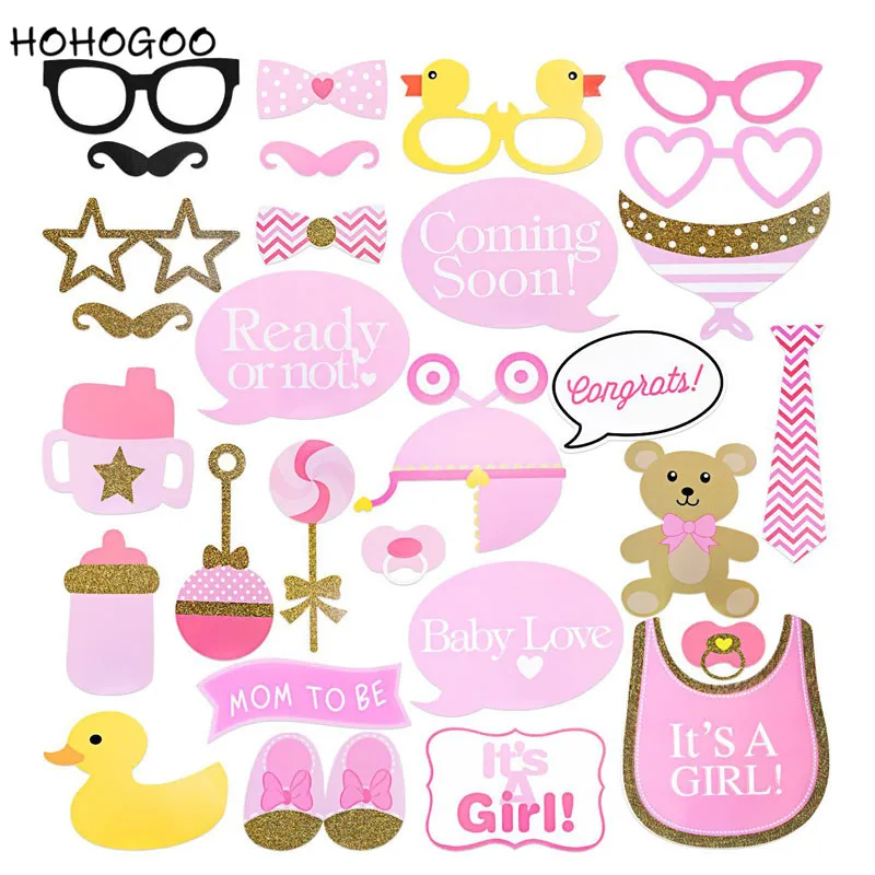 

HOHOGOO 25pcs/set Baby Shower Girl Photo Booth Props Pink Baptism Birthday Decorations Baby Shower PhotoBooth Supplies