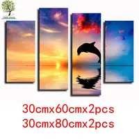 4 Panel Dolphin Surf With Sunset Large HD Picture Modern Home Wall Decor Canvas Print Painting For House Decorate No Frame HW053