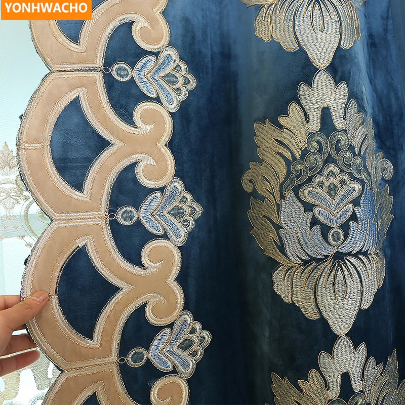 Пользовательские шторы с вышивкой для гостиной Французский Простой толстый бархат синяя ткань затемненный занавес тюль с драпировкой панель B288
