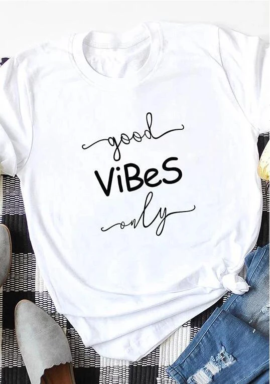 

Summer Casual Women T-Shirt Vibes Letter Print Short Sleeve O-Neck Tee Tops Good Vibes Only Fashion Tumblr Quotes Shirt Clothes