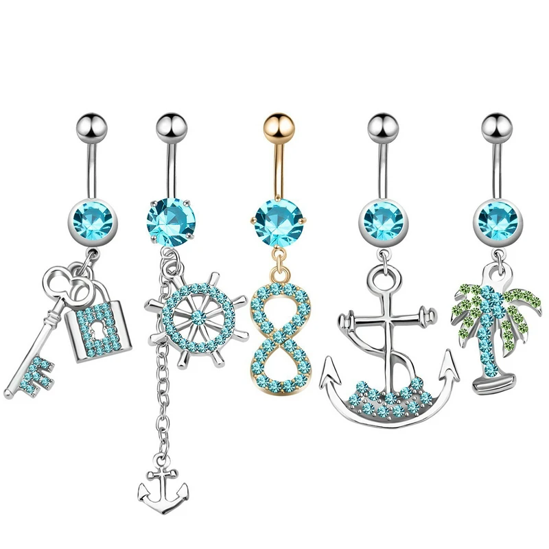 

5PCS Bohemian Coco Piercing Navel Charm Punk Gold Crystal Rhinestones Anchor Navel & Belly Button Rings Body Piercing Jewelry