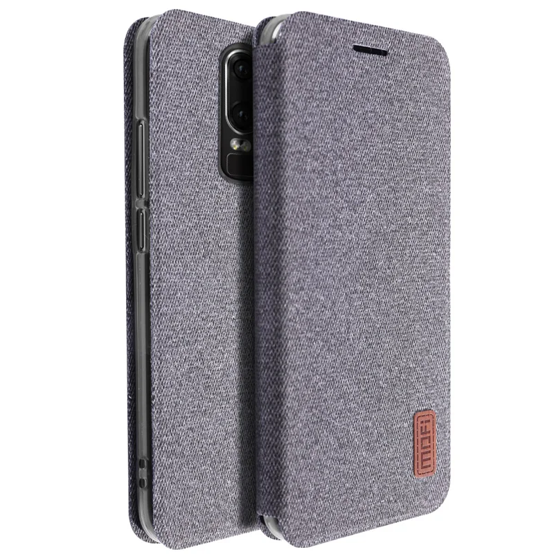 gray Чехол для Oneplus 6, чехол MOFI для one plus 6, тканевый флип-чехол OP6, Силиконовый ТПУ, полный защитный чехол, 1+ 6, чехол-подставка для бизнеса - Цвет: gray