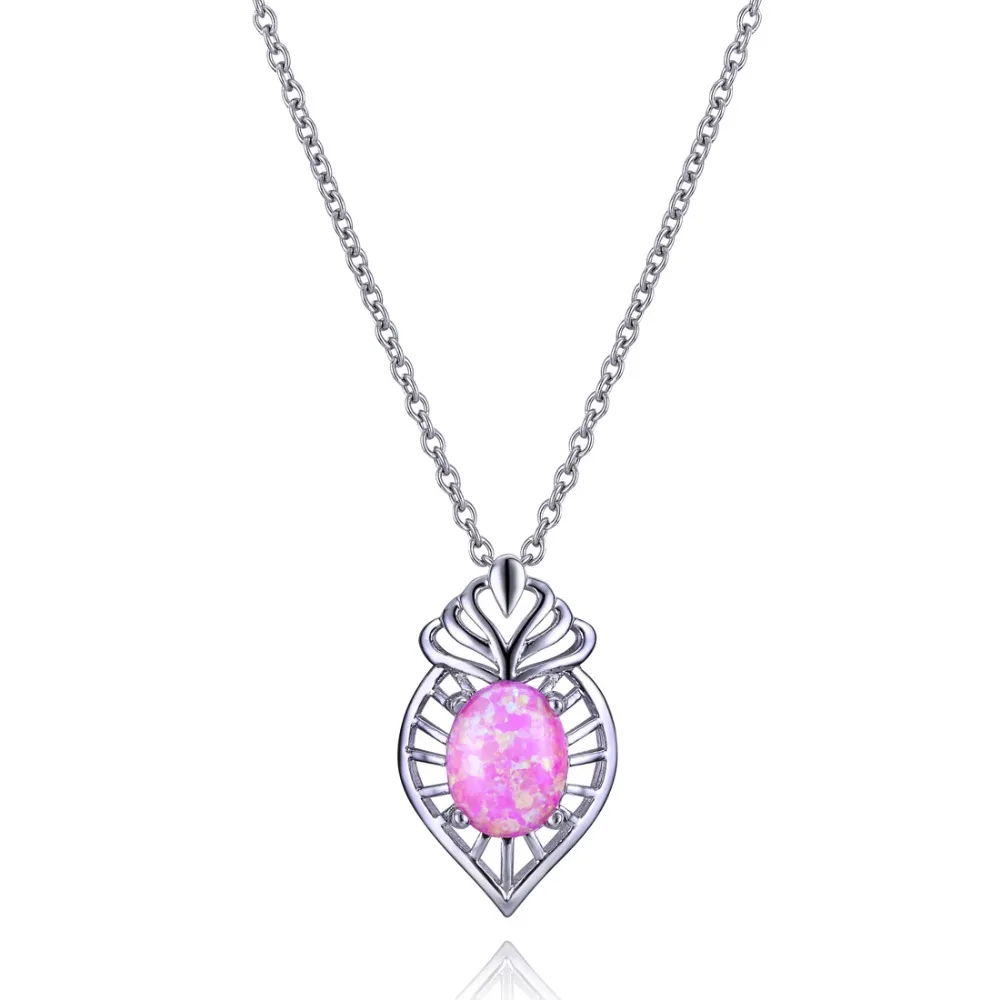 Women Cute Pink Opal Pendant Classic Stainless Steel Long Necklace ...