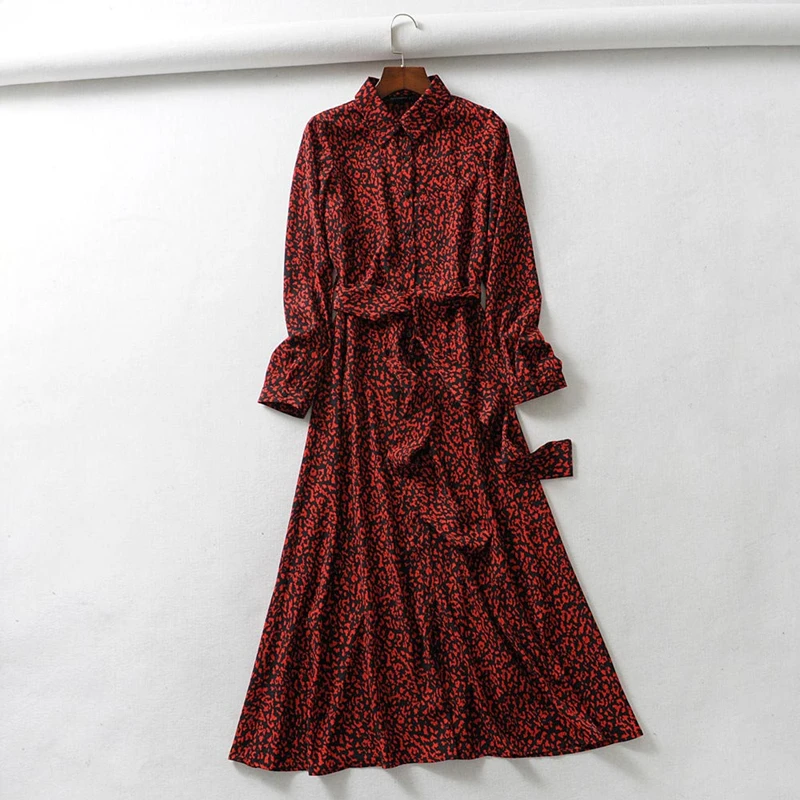 

Summer Dress 2019 Vintage Leopard Print Ankle Length Bow Tie Sashes Long Sleeve Animal Pattern Chic Robe Maxi Dresse Vestidos