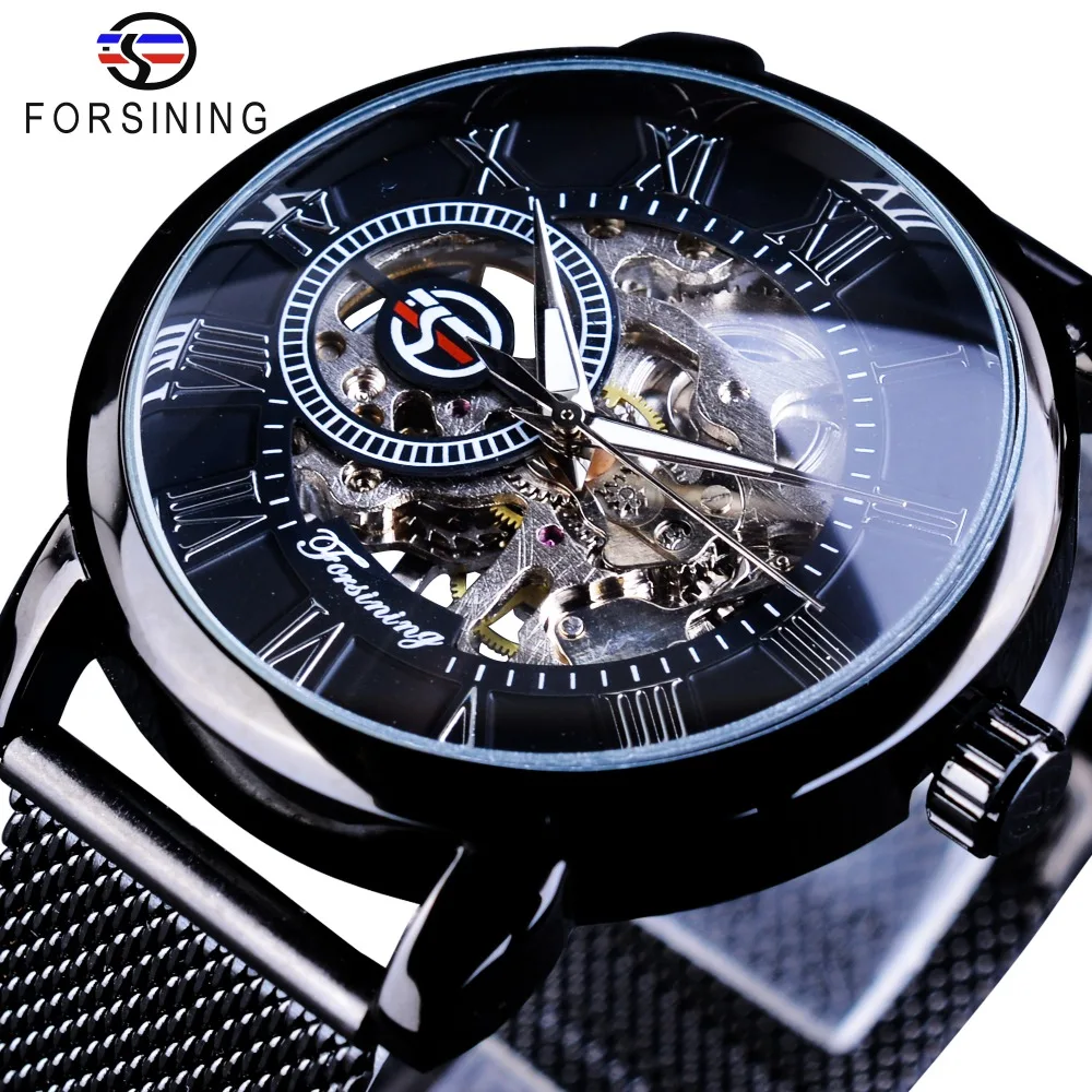 Comprar Forsining Retro de diseño de moda esqueleto deporte mecánico reloj luminoso manos malla transparente de pulsera para los hombres de marca de lujo