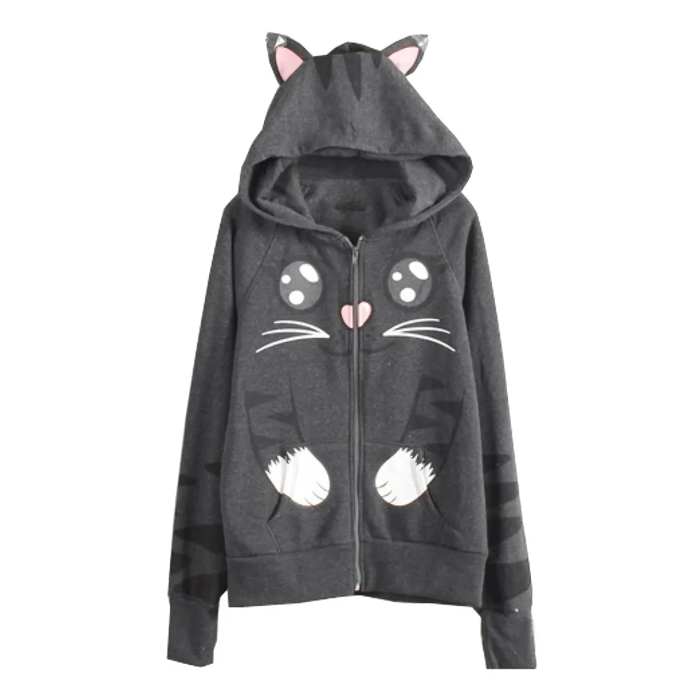 

Lovely Women Casual Print Cat Ear Hoodies Ladies Hooded Long Sleeves Pocket Irregular Top Sweatshirts sudadera mujer NEW 4.2