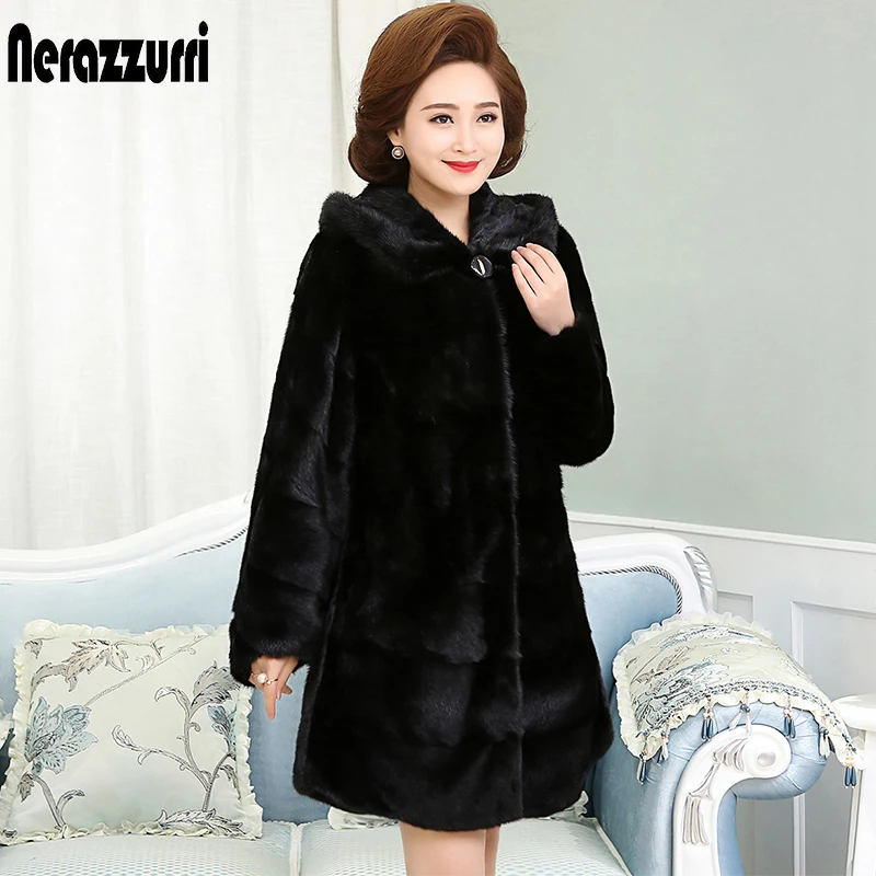

Nerazzurri Real Mink Fur Coat With Hood Long Sleeve China Black Natural Fur Overcoat Genuine Mink Fur Jackets Plus Size 5XL 6XL