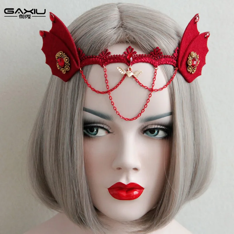 

Sweet Long Hair Demon Headbands Wedding Hair Ornaments Red Series Bride Headdress Handmade Bridal Party Wedding Hair Decoration